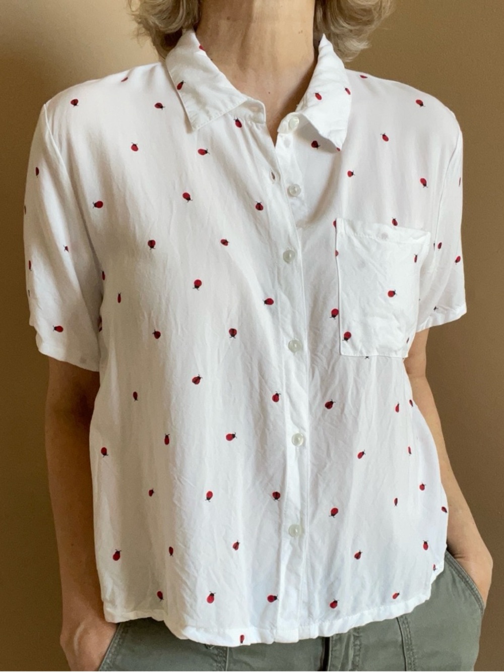 White Short-Sleeve Blouse with Ladybug Print - Picture 6 of 6